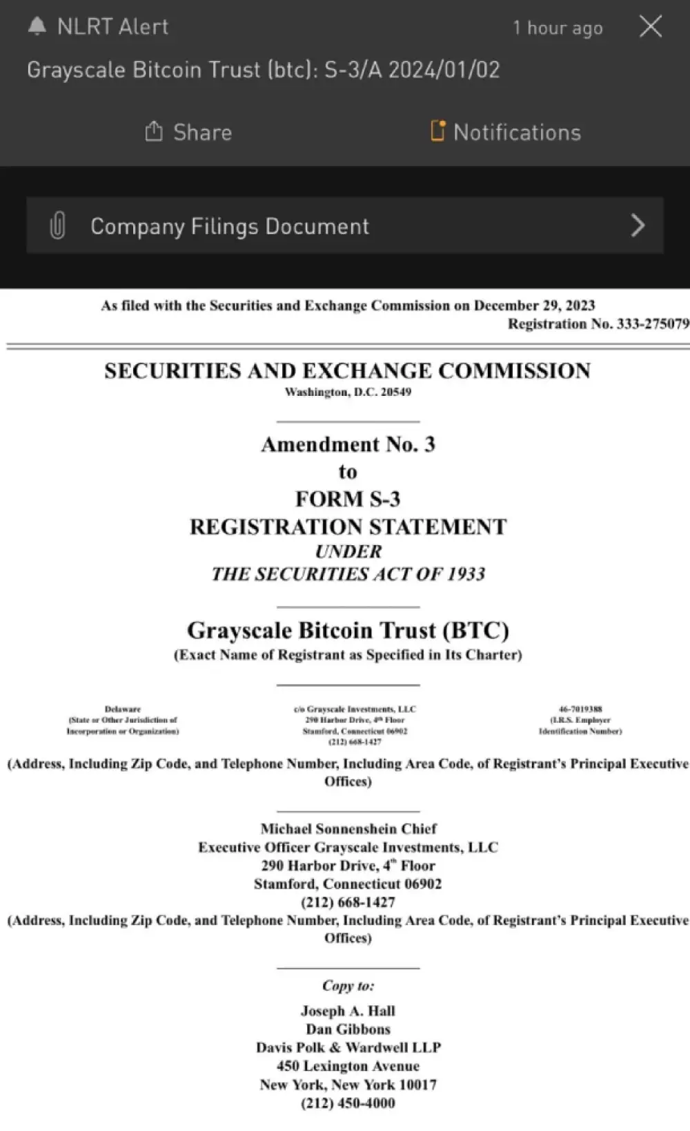 Grayscale filed another S-3 amendment earlier this morning.