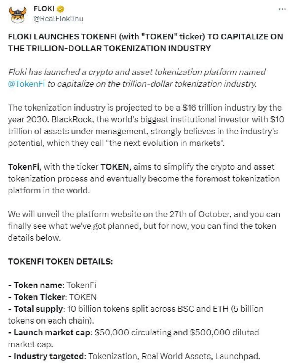 FLOKI introduced the tokenization platform TokenFi