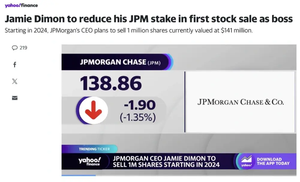 JP Morgan CEO Jamie Dimon announced plans to sell 1 million shares of his $JPM